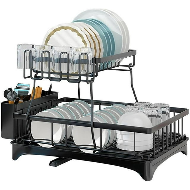 Dish Drying Rack, Large Dish Drainer 2 Tier for Kitchen Counter Sink Escurridor de Trastes Platos para Fregadero Cocina Dish Drain Strainers with Drainboard Dishwasher Dryer Rack for Cabinet (Black)