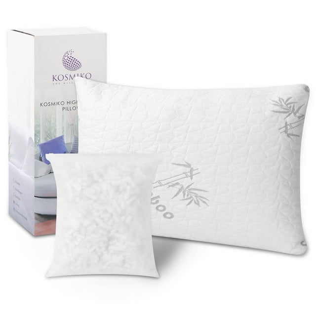 KOSMIKO Bed Pillows for Sleeping 1 Pack | Shredded Memory Foam Pillows | Adjustable Cool BAMBOO Pillow for Side Back Stomach Sleepers | Queen