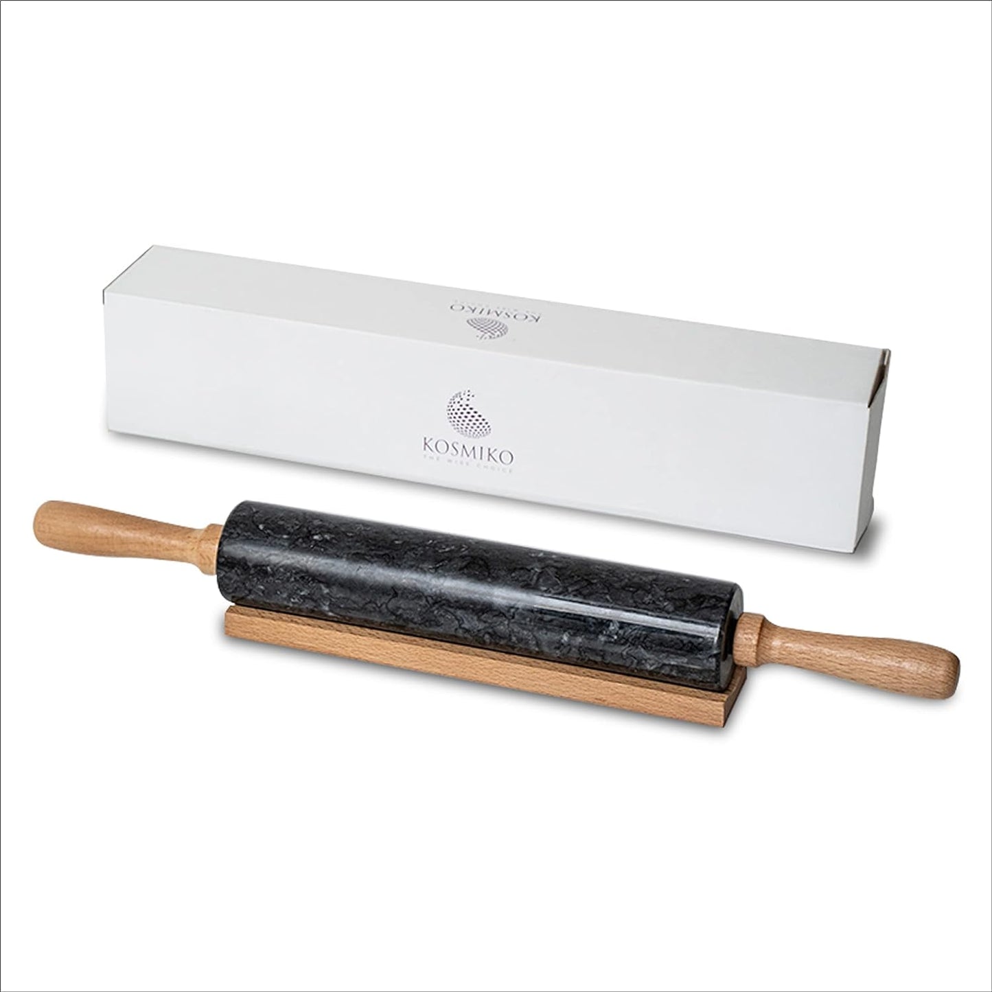 Kosmiko Rolling Pin –Deluxe Marble Rolling Pin with Wooden Handles – Durable and Lightweight Marble Rolling Pins for Baking – Easy to Use – Ergonomic Design with Side Handles – 5 x 46cm (Black)