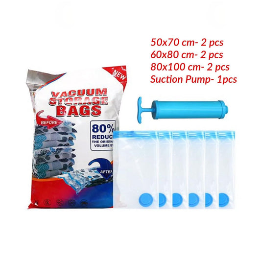 Vacuum Storage Bags with Hand Pump, (50*70 cm-2)+(60*80 cm-2)+(80*100 cm-2)+ and Suction Pump-1 pcs Plastic Packaging Bags, 80% Space Saver Vacuum Seal Bags for Clothing, Travel Lugggage, Blankets
